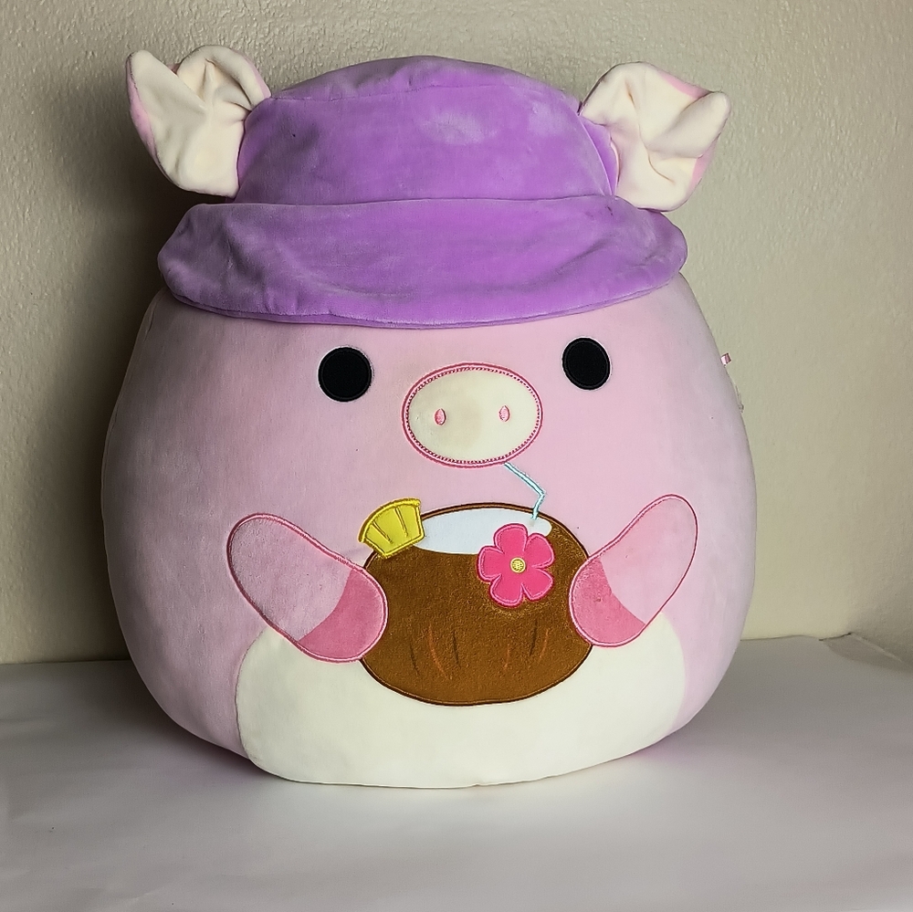 Squishmallows Peter The Pig With Tropical Drink And Bucket Hat & Coconut Drink